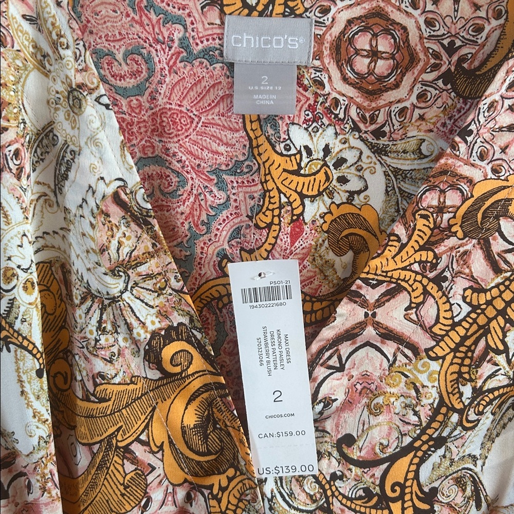 CHICO’s Women’s Maxi Dress Kimono Paisley Strawberry Blush Size 2 or US 12 Boho - Picture 2 of 9